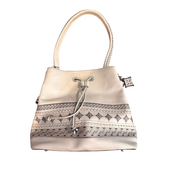 Brighton Ferrara Levia Lorenza Vallera Bucket White Leather Shoulder Bag Braided - Picture 2 of 16